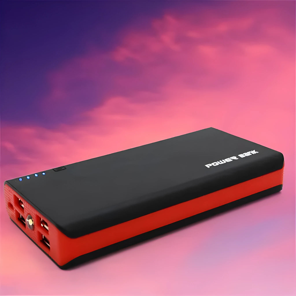 A red 20,000mAh portable power bank with USB port, showing its compact size.