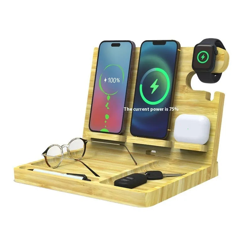 Multifunctional bamboo wireless charger bracket in wheat colour with 2A output