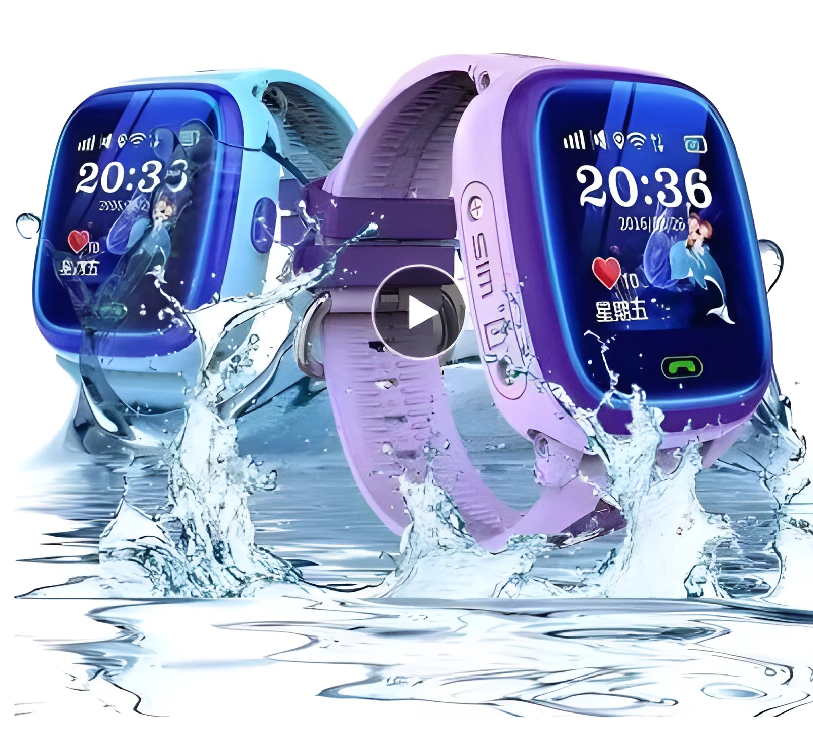 Blue children's waterproof smart watch with touch screen and silicone wristband showing GPS tracking display