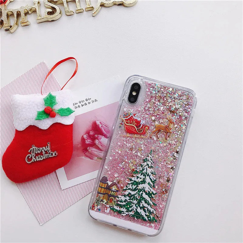 Christmas quicksand design phone case with Santa Claus pattern for iPhone and Samsung devices
