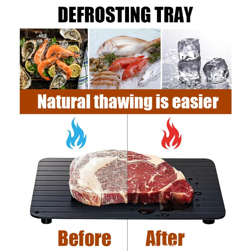 Quick defrost tray with drip tray, silica gel and aluminium alloy thawing plate, multiple sizes