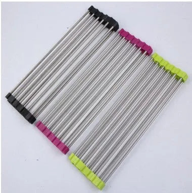 Foldable stainless steel kitchen sink drying rack shown in blue, red, and green colour options