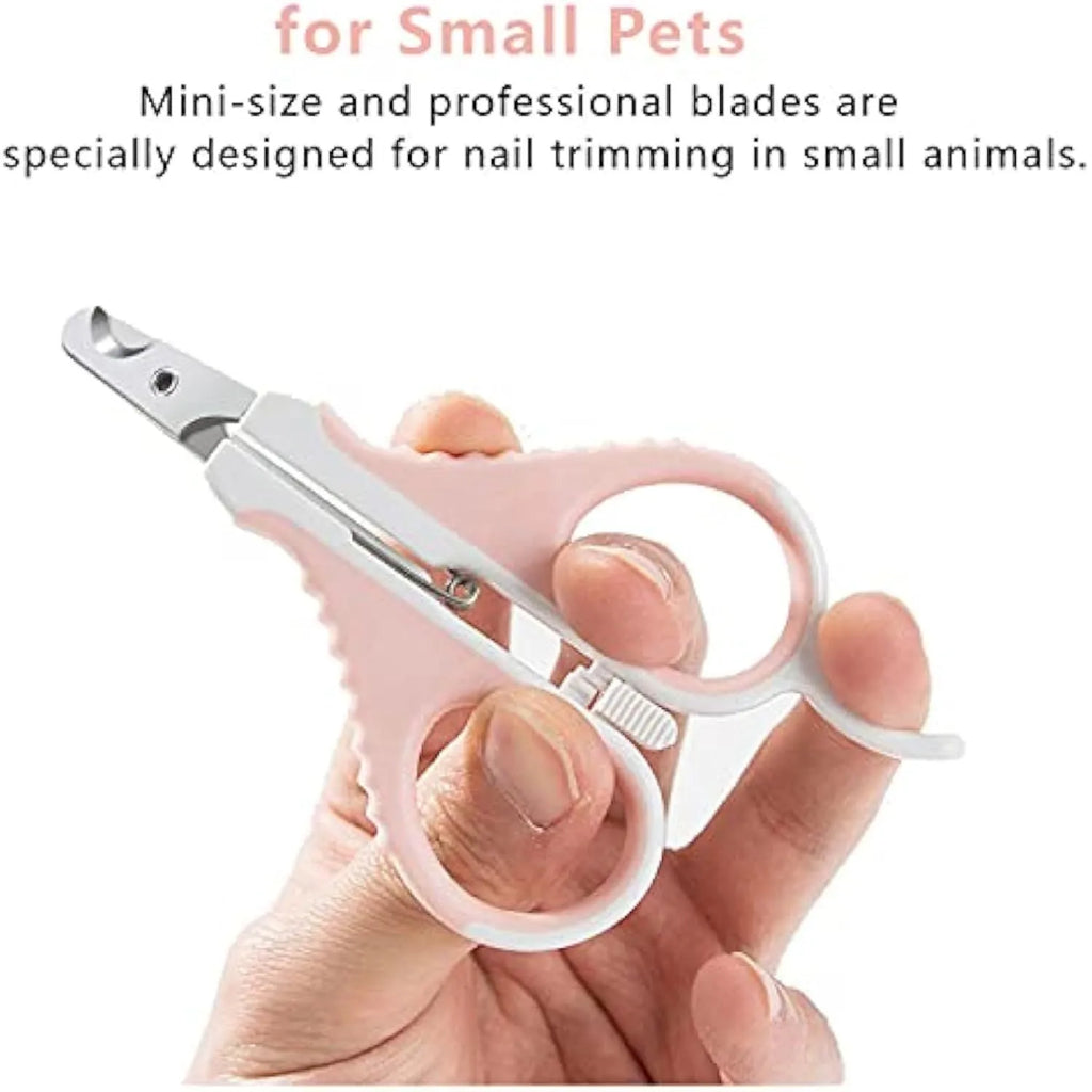 Grey and pink angled pet nail clippers with safety guard and rubberised handles.