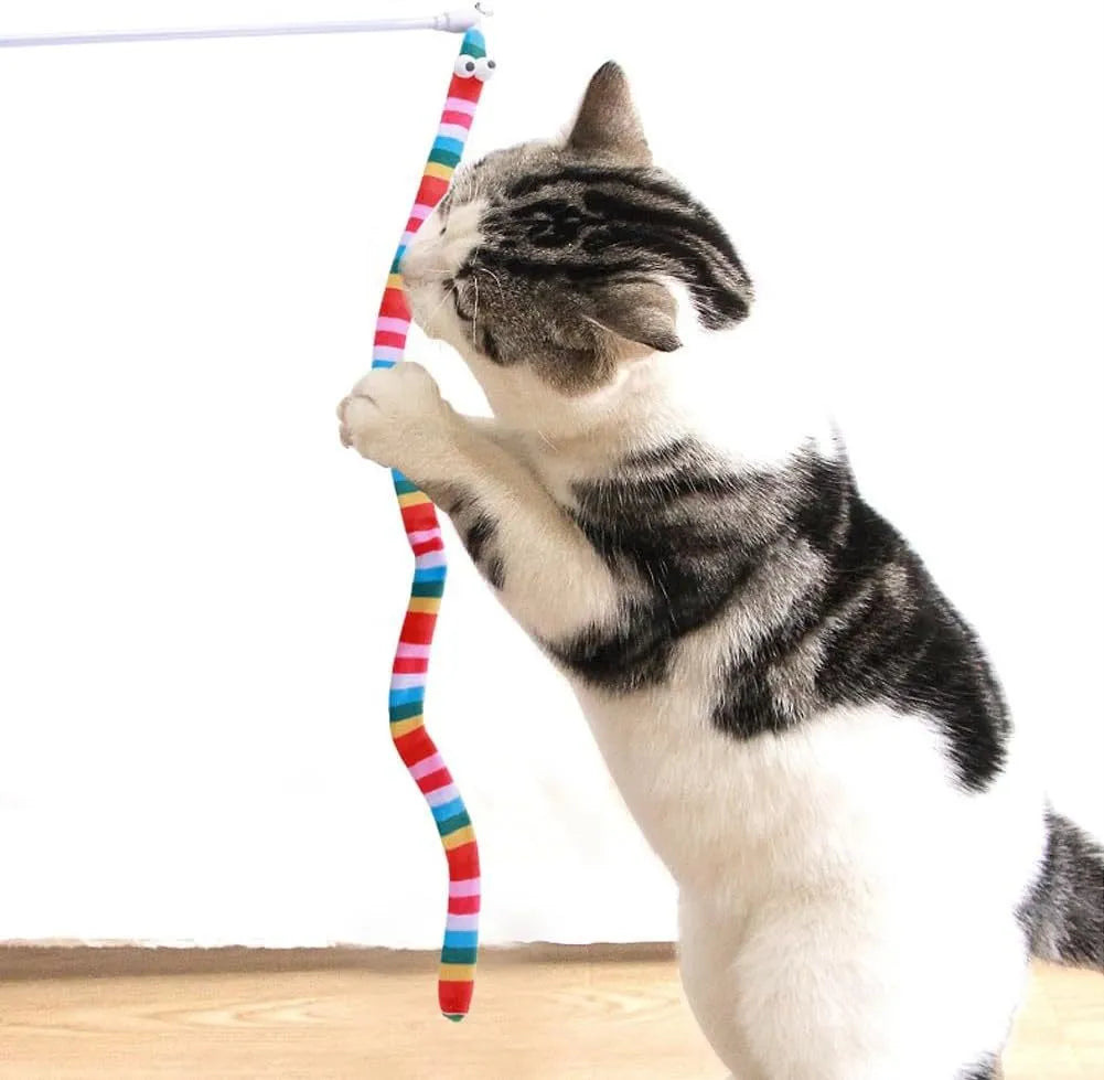 Green cat tease wand with a long plush strip and bell for interactive indoor play