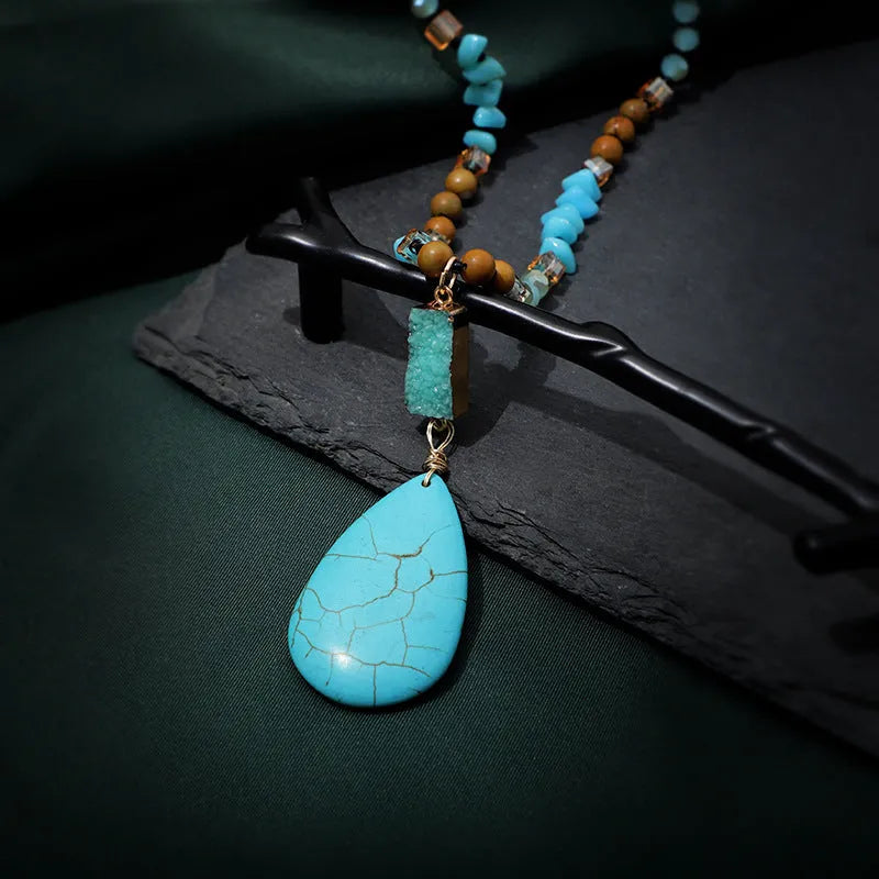 Turquoise water drop pendant necklace with ball bead chain and geometric designs