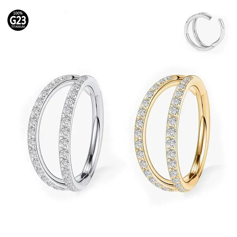 G23 titanium alloy lip and nose ring with zircon diamond finish in gold or steel colour, showing size options.