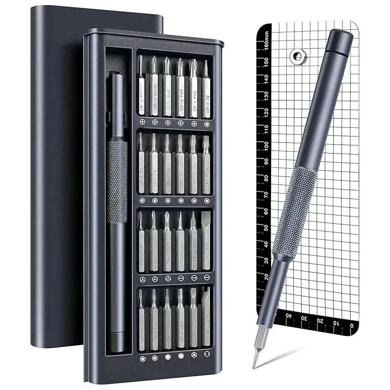 25-in-one precision screwdriver set with magnetic bits and knurled black handle.