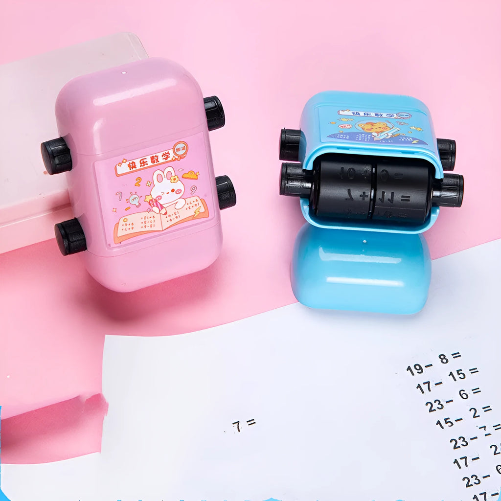 Plastic cuboid maths teaching seal for children with colour-coded stamps for arithmetic practice.
