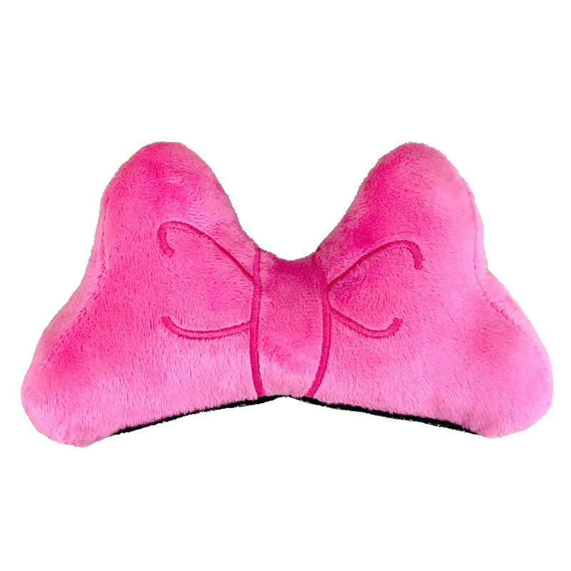 Soft plush bow helmet decoration with elastic loop in red, peach pink, or rose pink.