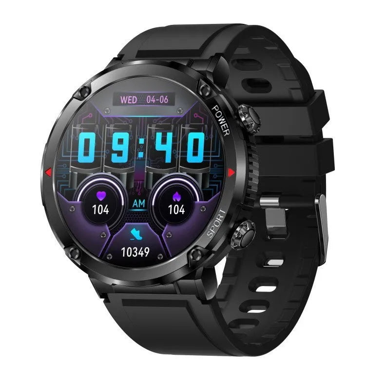 T30 Smart Watch with black silicone strap showing Bluetooth calling and health metrics on IPS screen.