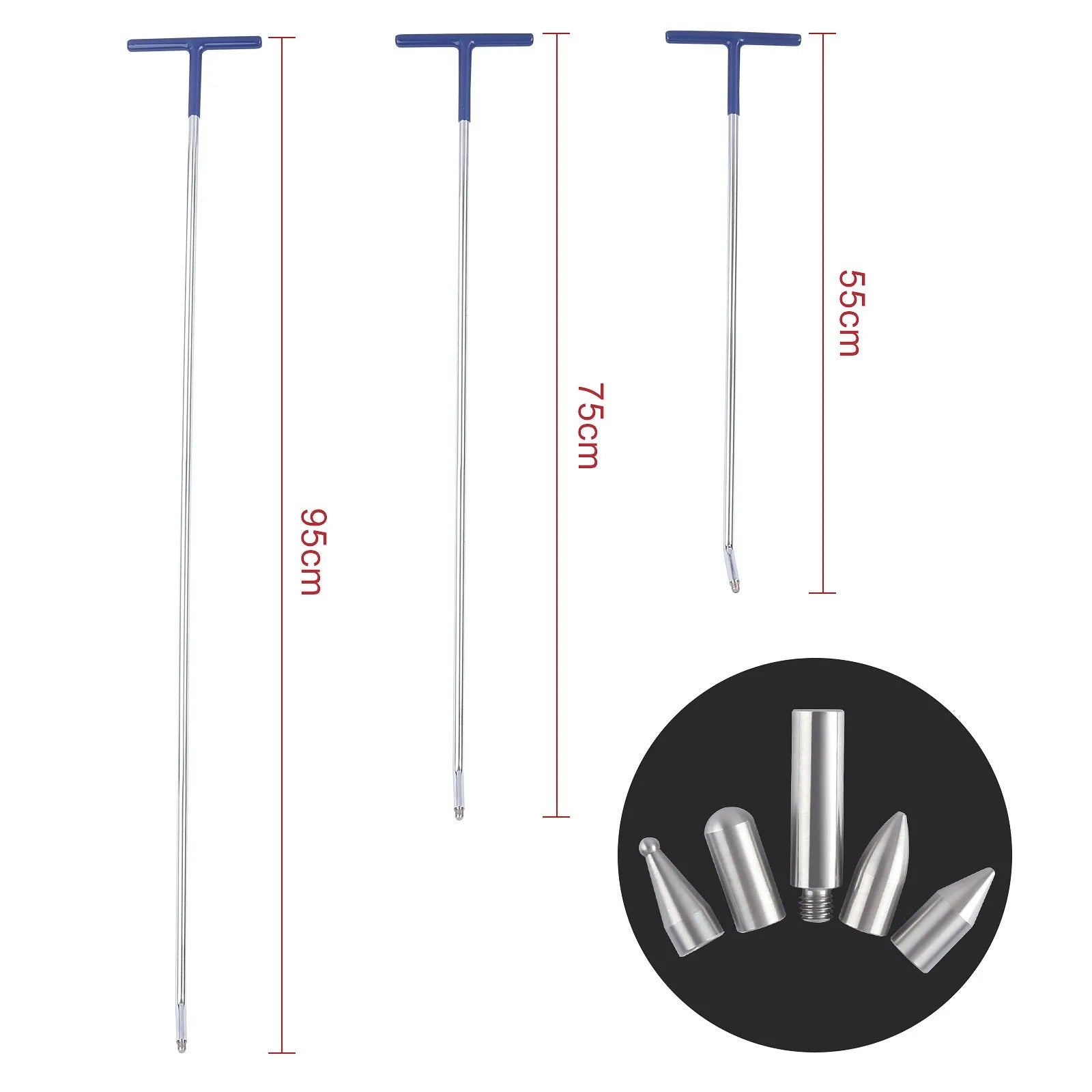 Three-piece alloy steel car dent repair tool set with hooks and crowbars on a workshop surface.