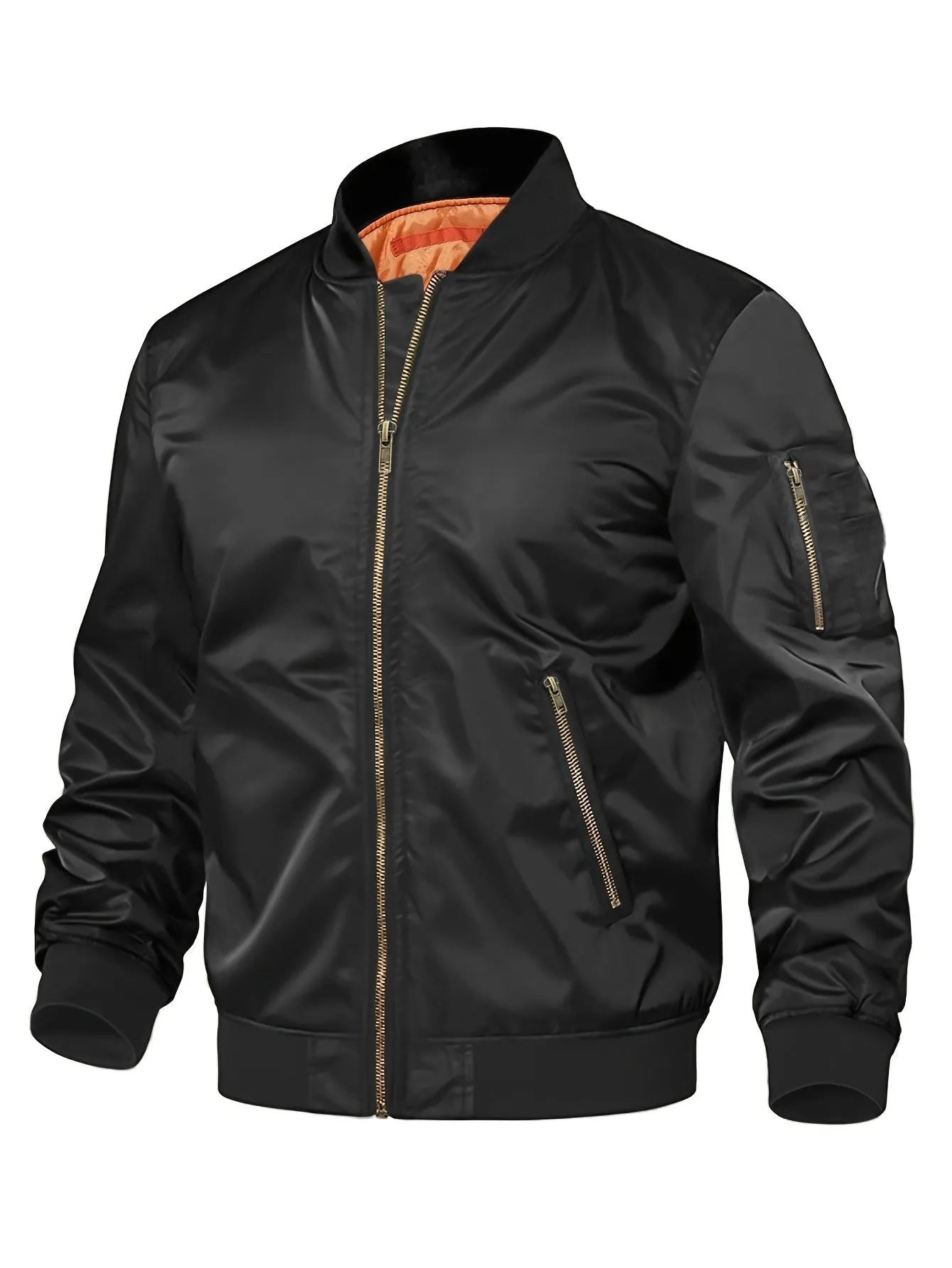 Mens nylon baseball jacket with zipper, regular fit, long sleeves, in army green colour, front view on model