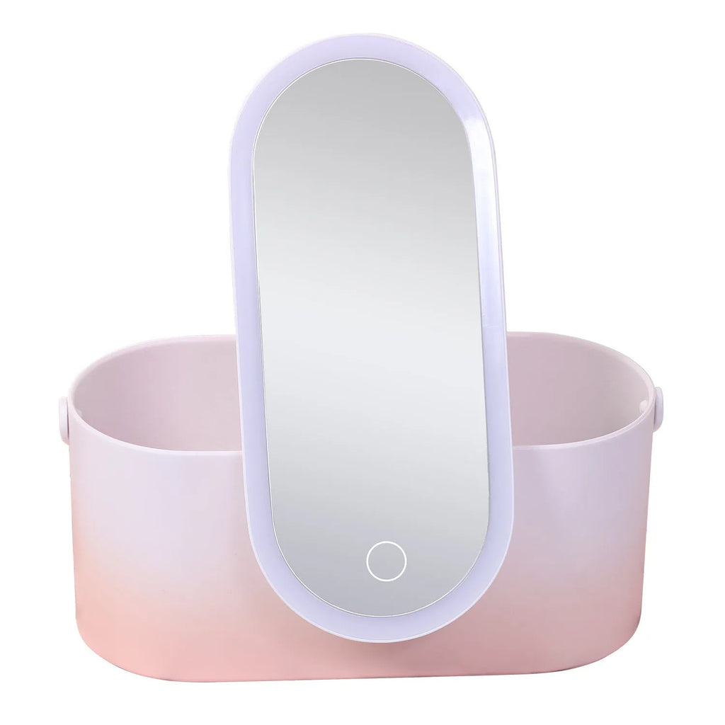 Pink gradient makeup storage box with LED mirror open showing storage compartments and USB charging port