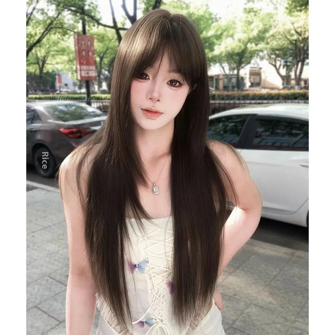 Brown black high-temperature fibre wig with head cover included in seven-piece set