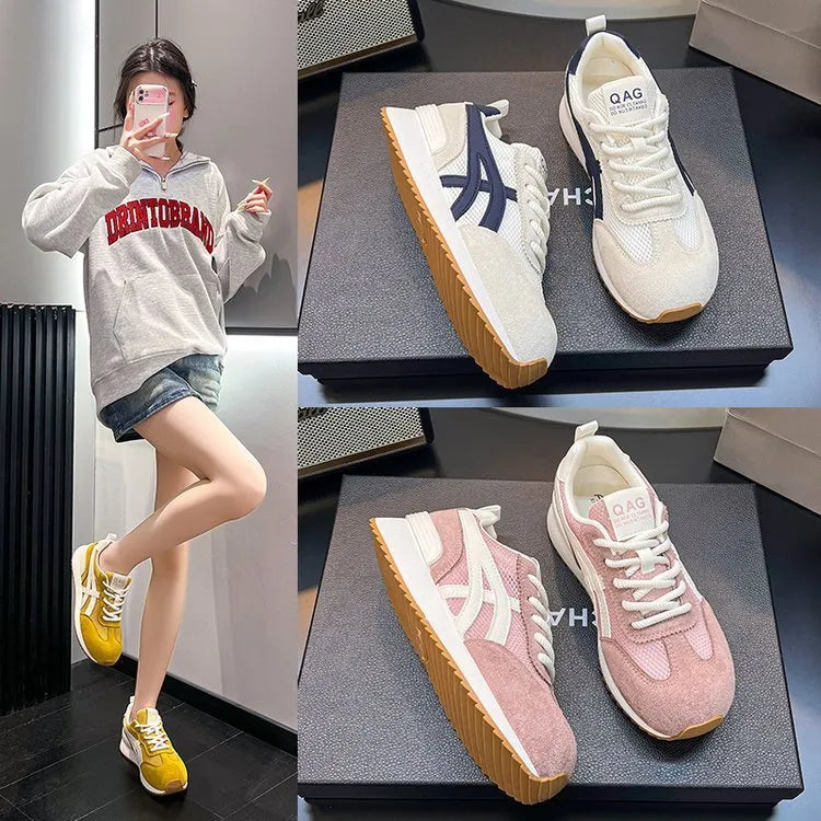 Women's white lace-up casual sneakers with round toe and flat heel
