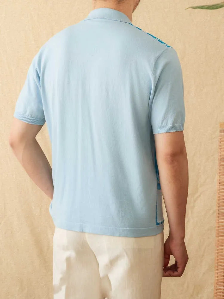 Short-sleeve striped knitted cardigan polo shirt with a lapel collar, shown in light blue.