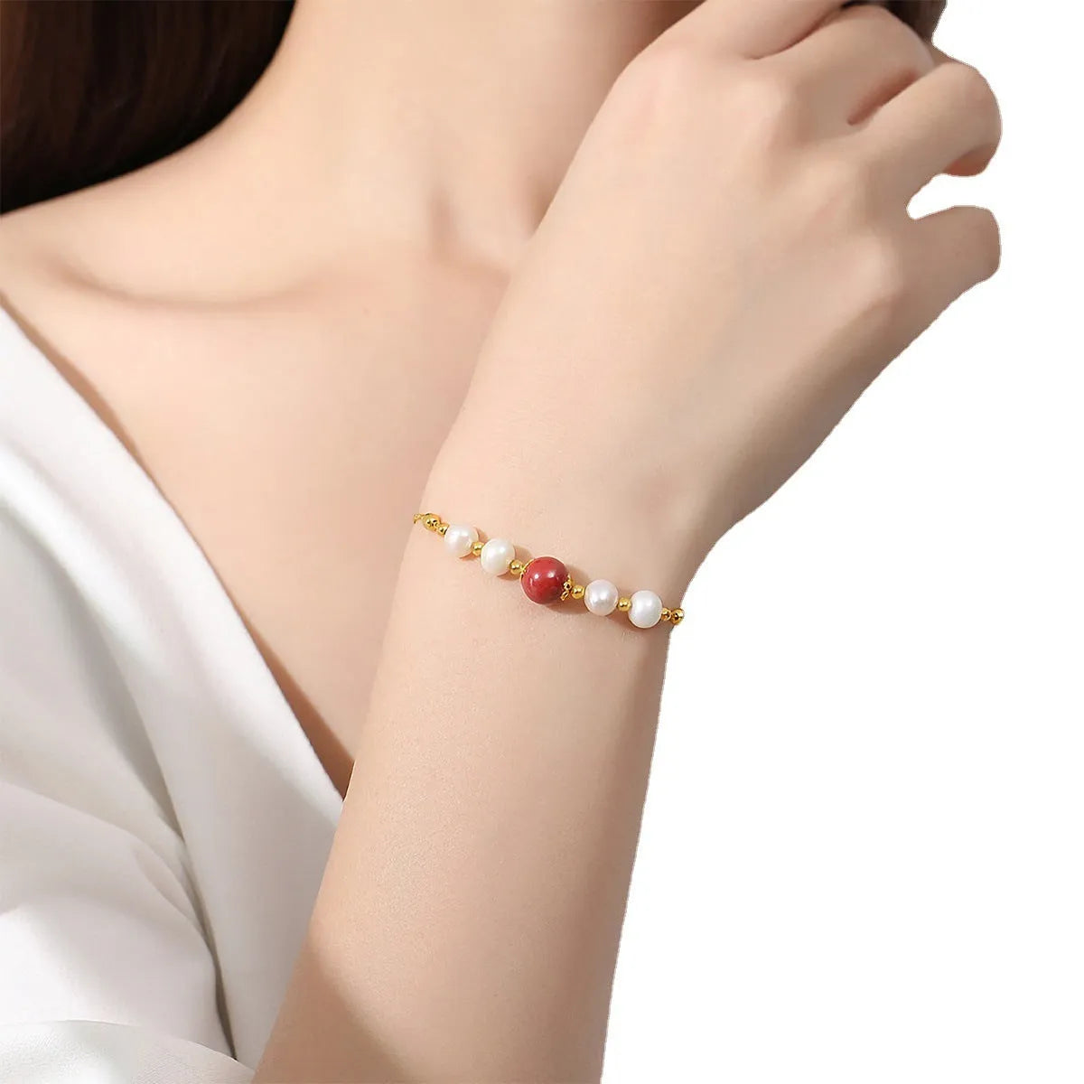 Yellow 925 silver bracelet with red bean pearl cinnabar design for women