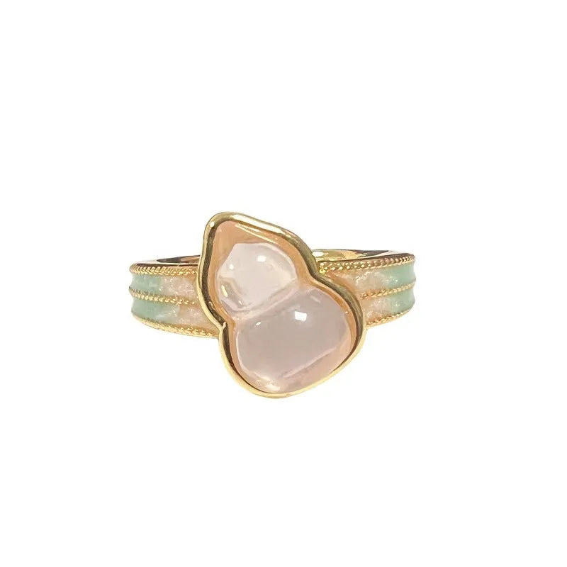 Vintage copper gourd ring with adjustable opening, oil dripping finish, and inlaid zircon stones