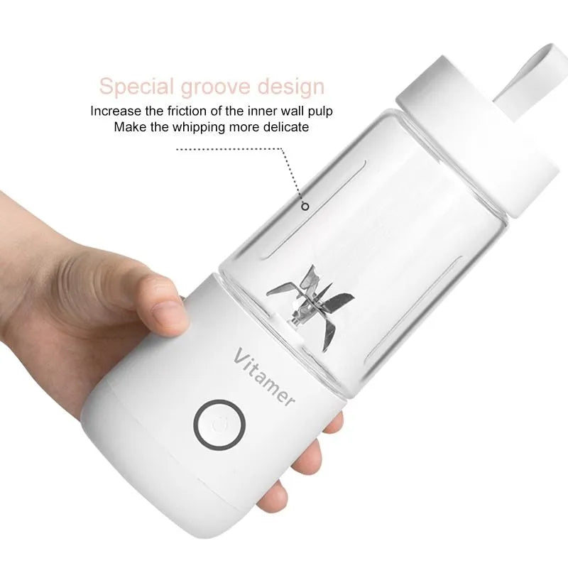 White USB rechargeable portable blender bottle with silicone carry ring, 350ml capacity.