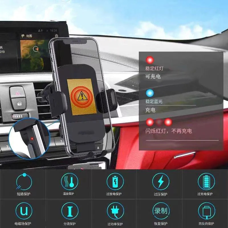 Black car wireless charging stand with 15W fast charging mounted on dashboard
