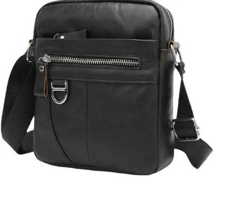 Black and brown 8-inch genuine cowhide leather crossbody messenger bag for boys with retro style.