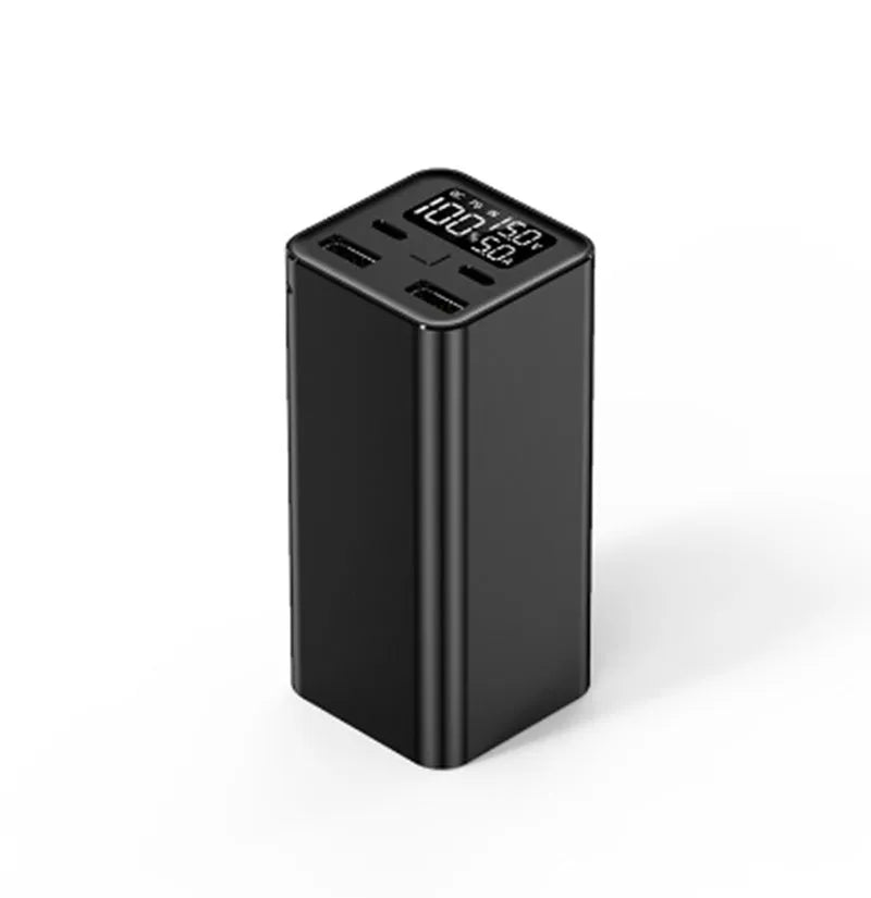 Black 65W metal power bank showing USB-C port, with dimensions 47.5x104.5x47.5mm.