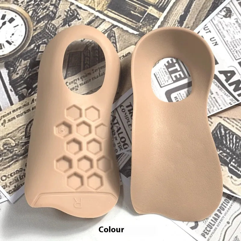 Varus correction arch support insole in TPR material shown in white, black, and skin colour options.