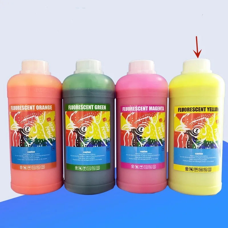 Fluorescent sublimation ink bottles for PET film printing in red, yellow, orange, and green colours