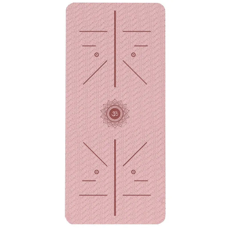 Non-slip TPE fitness training mat showing alignment guide lines, available in multiple colours.