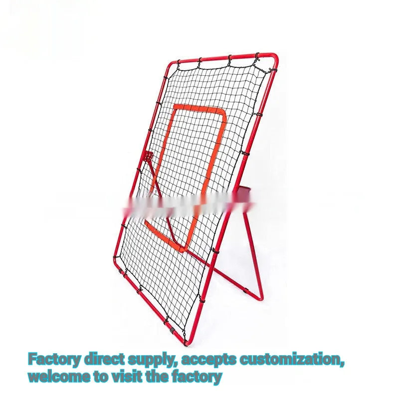 Red portable baseball training net with metal frame showing 4x6ft dimensions for outdoor sports practice