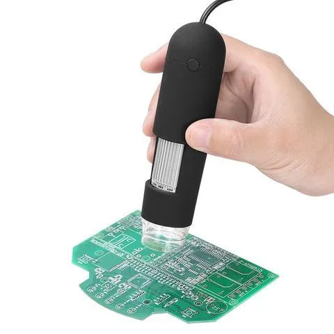 Black USB microscope camera with 8 LED lights, 1000X magnification, focus range 0-40mm