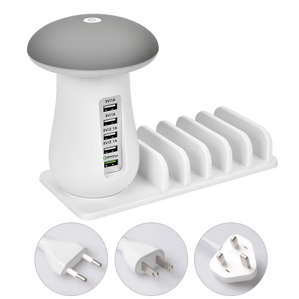 White USB charging station with five ports and mushroom-shaped LED desk lamp for multi-device charging
