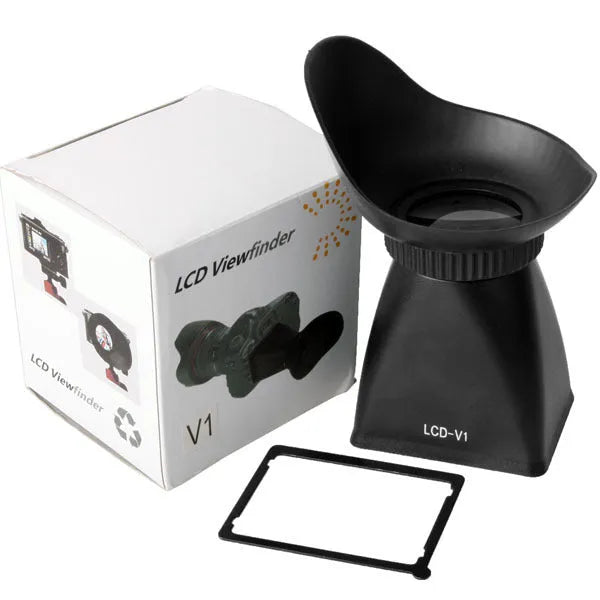 Black camera LCD viewfinder with magnification lens and magnetic mount on a DSLR.