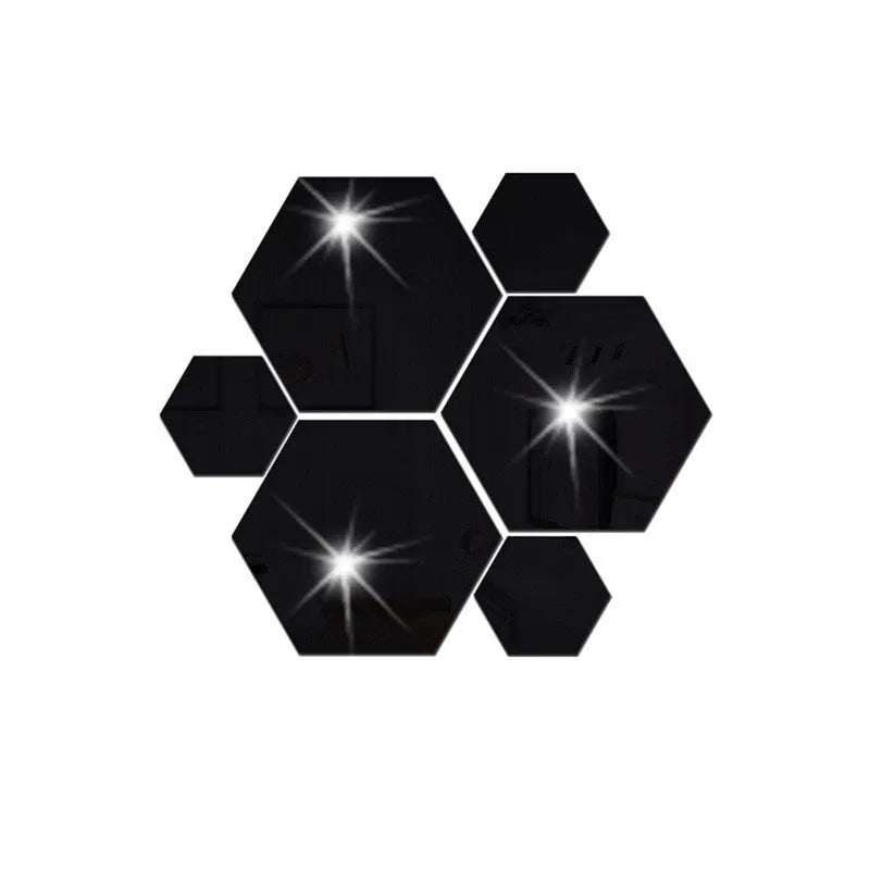 Silver hexagonal acrylic mirror wall sticker with PS build, 100x85x50mm, on a wall surface
