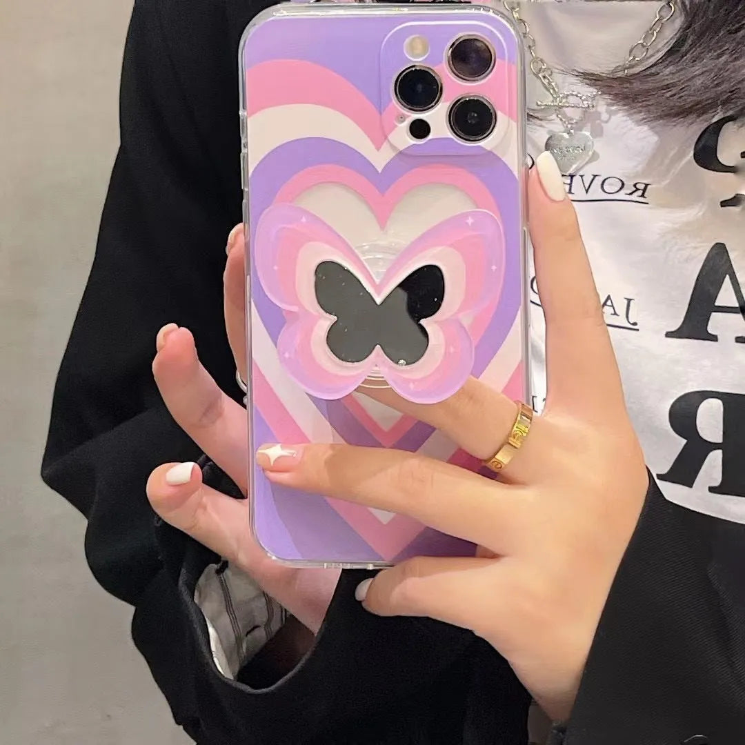 Silicone TPU phone case with butterfly stand for iPhone, solid colour back cover in blue, pink or purple