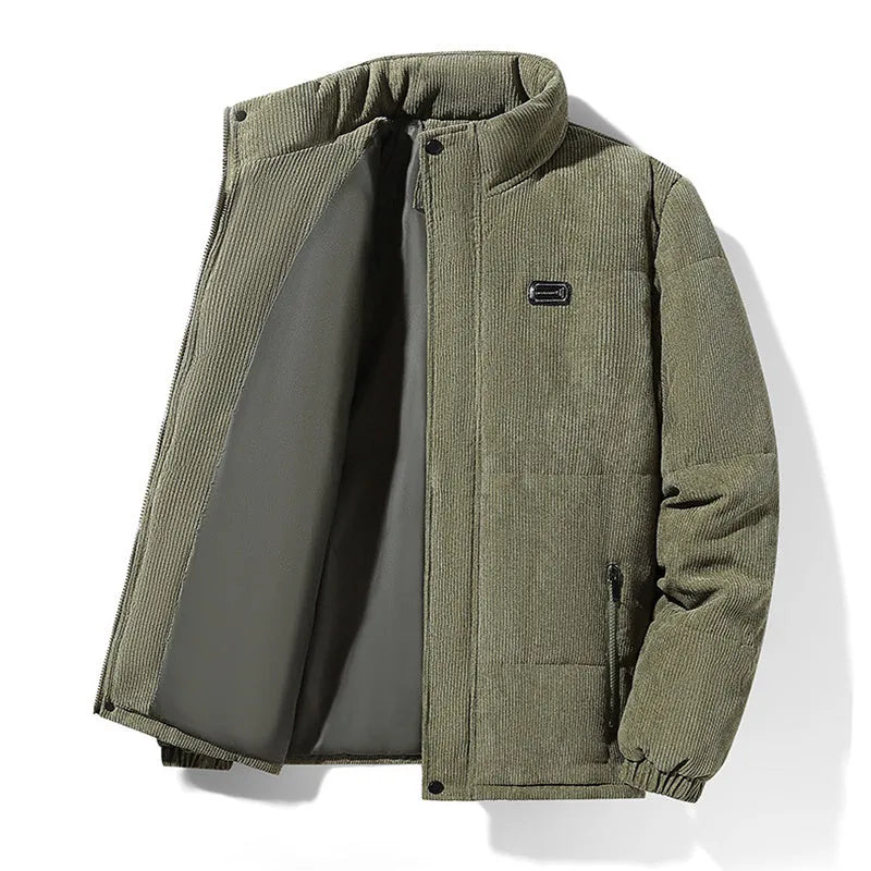 Men's corduroy cotton-padded jacket, fleece-lined, loose fit, 65cm length, round hem, five colours