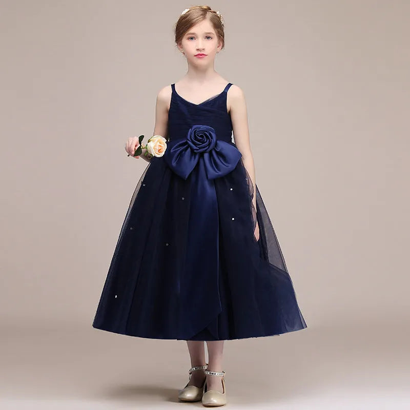 Blue chiffon girls princess dress with flowing skirt suitable for 100-160cm height