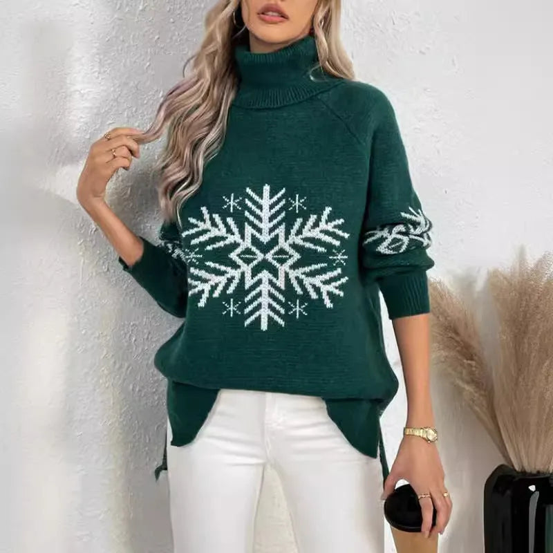 Women's high collar Christmas sweater jacquard knit floral pattern medium length 65cm red black khaki dark green