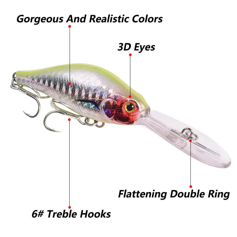 Deep diving mino pattern fishing lure showing floating rock action design