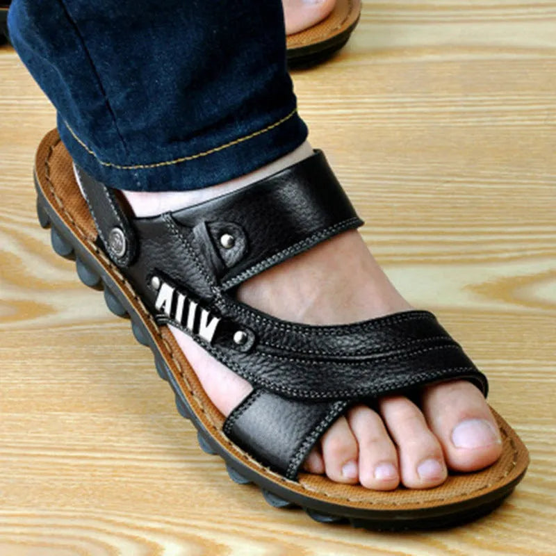 Men's first layer cowhide open-toe sandals with rubber sole, available in black colour option