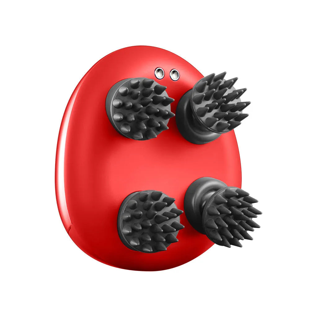 Red electric scalp massager with silicone comb for head tension relief.
