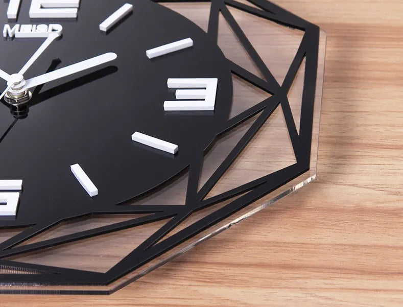 Square acrylic wall clock with sweeping movement, 58cm size, white face and frame, mounted on a light wall