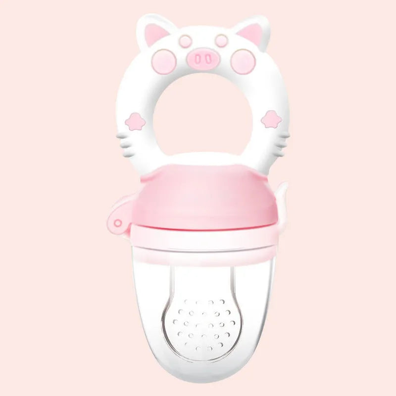 Silicone baby teether shown in blue, green, and pink colours with single and triple mouthpiece options