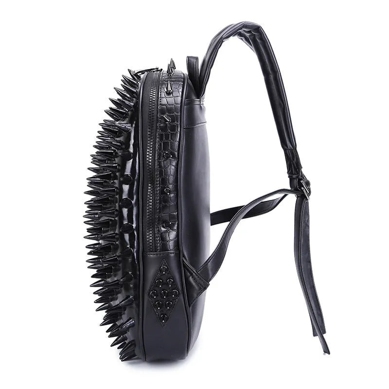 Women's punk rock backpack with hollow-out design in black colour showing shoulder straps and zipper closure