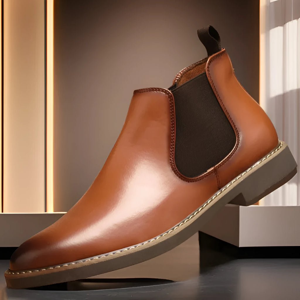 Men's black and yellow plus-size British-style calf-length leather boots with flat square heel