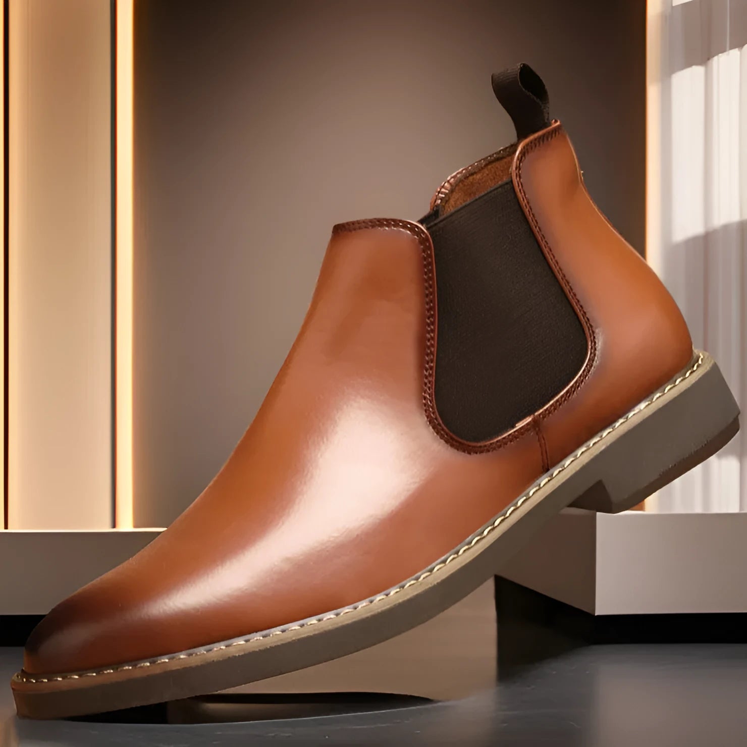 Men's black and yellow plus-size British-style calf-length leather boots with flat square heel
