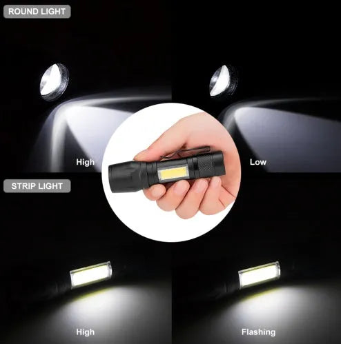 Black mini aluminium alloy telescopic LED torch with clip, shown zoomed in and out.