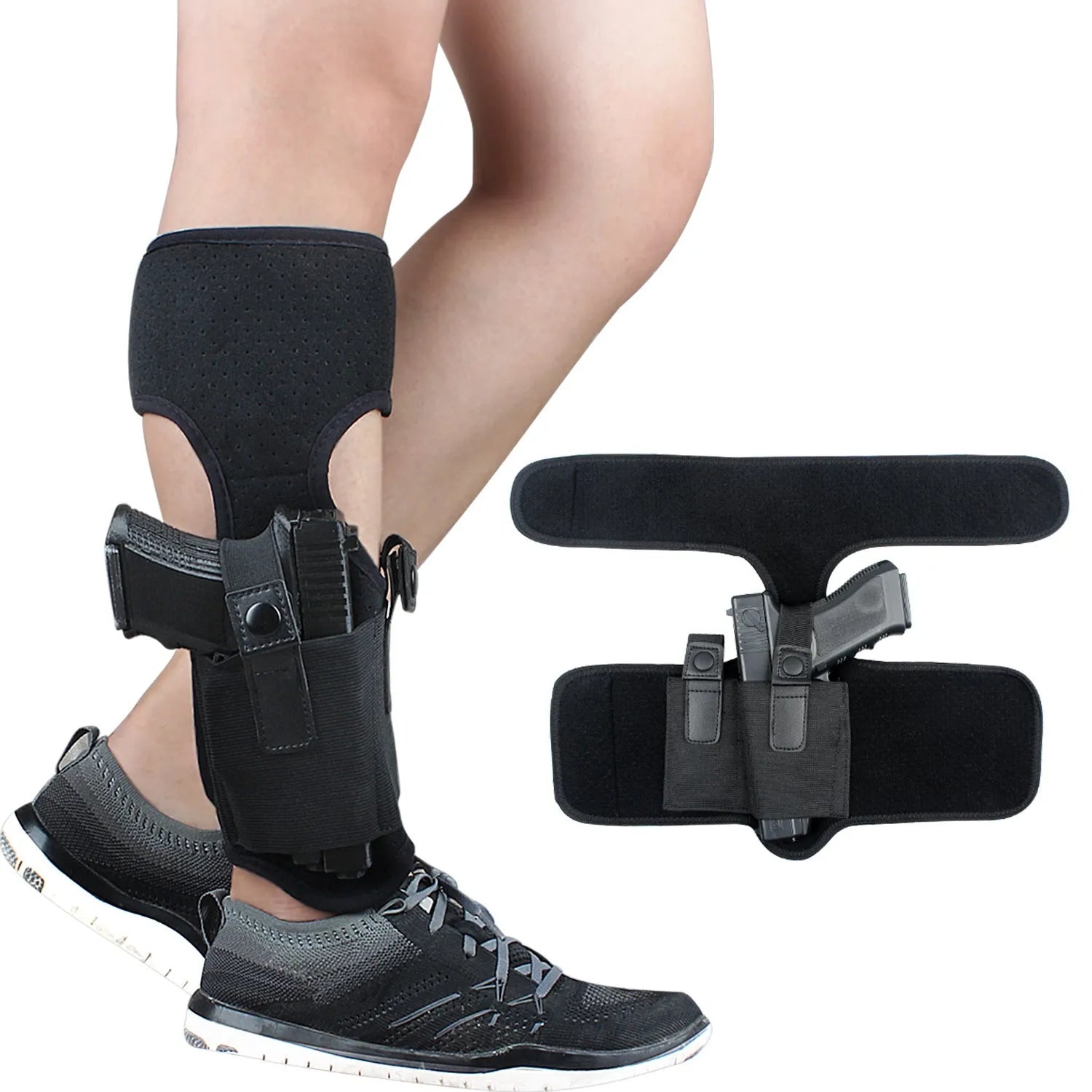 Black neoprene invisible ankle holster for universal pistol, side view showing secure fit against leg