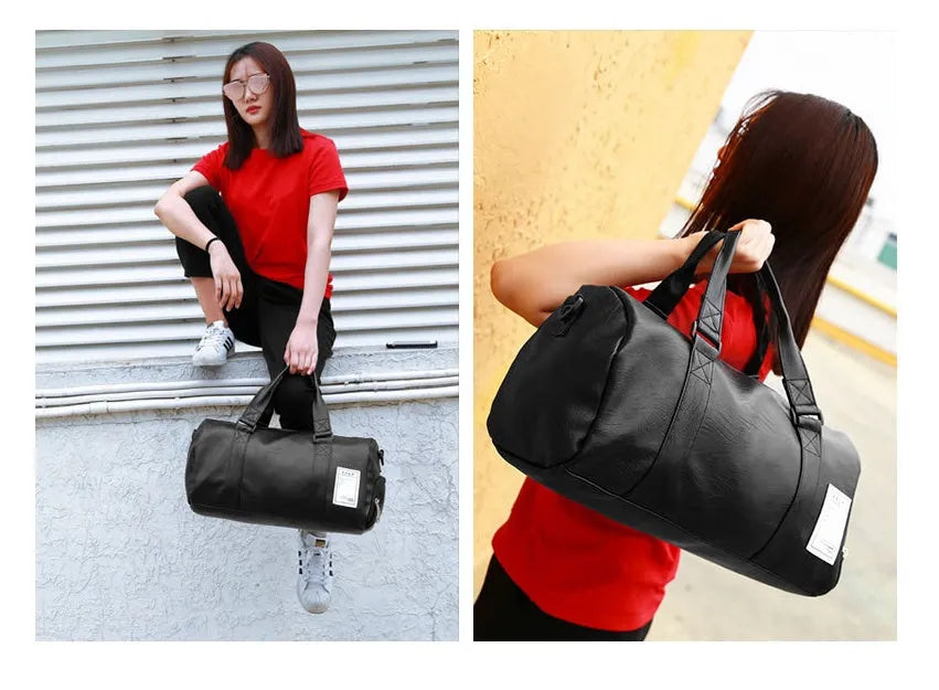 Black waterproof sports fitness bag with separate shoe compartment and diagonal strap.
