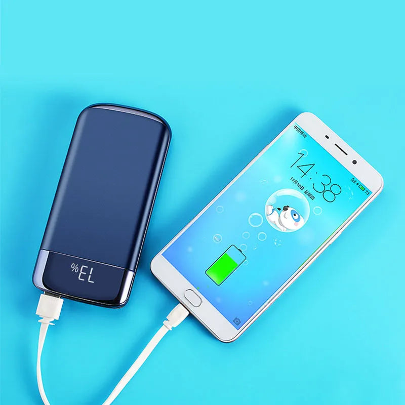 Y10 portable power bank with LCD display showing battery percentage, in black colour with two USB ports.
